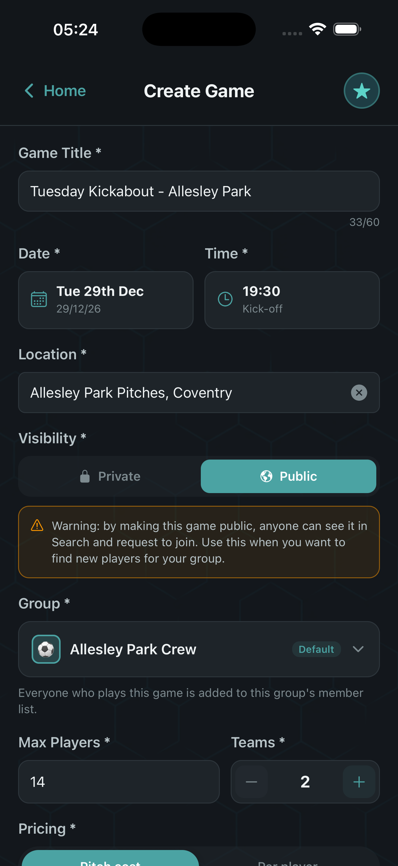 Create game screen with pitch, date, and player fee fields