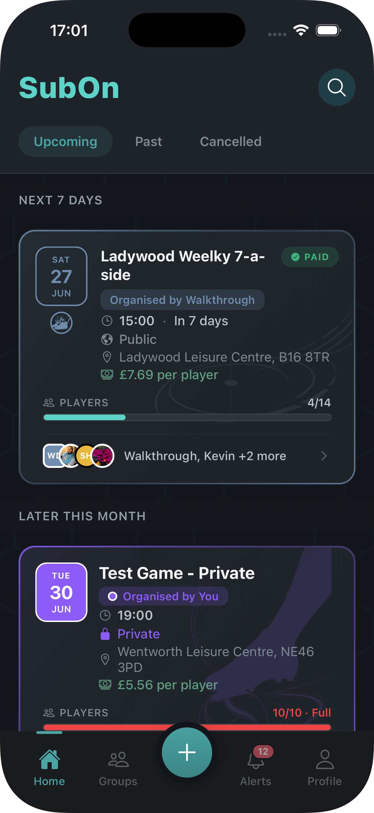 SubOn home screen listing upcoming football games