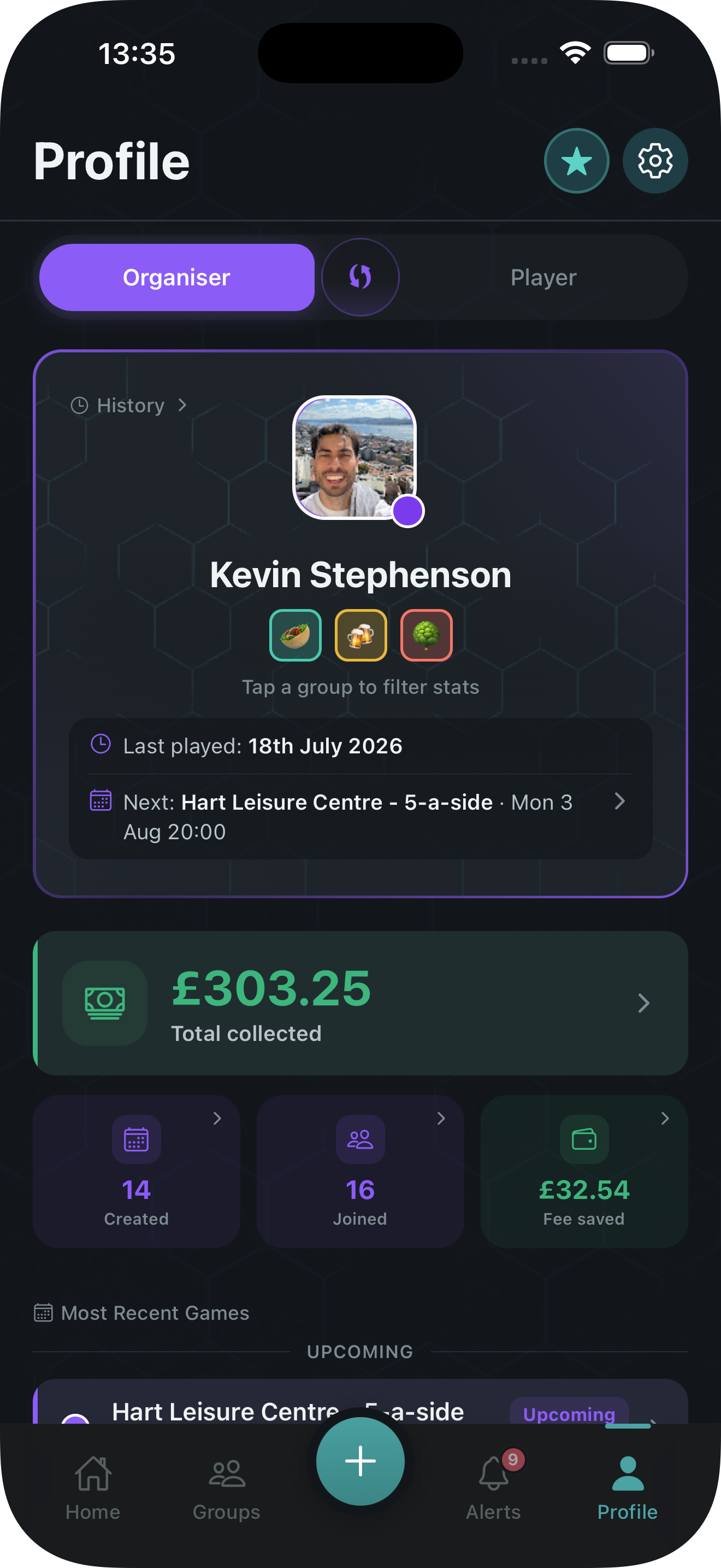 Organiser profile showing total collected and fees saved