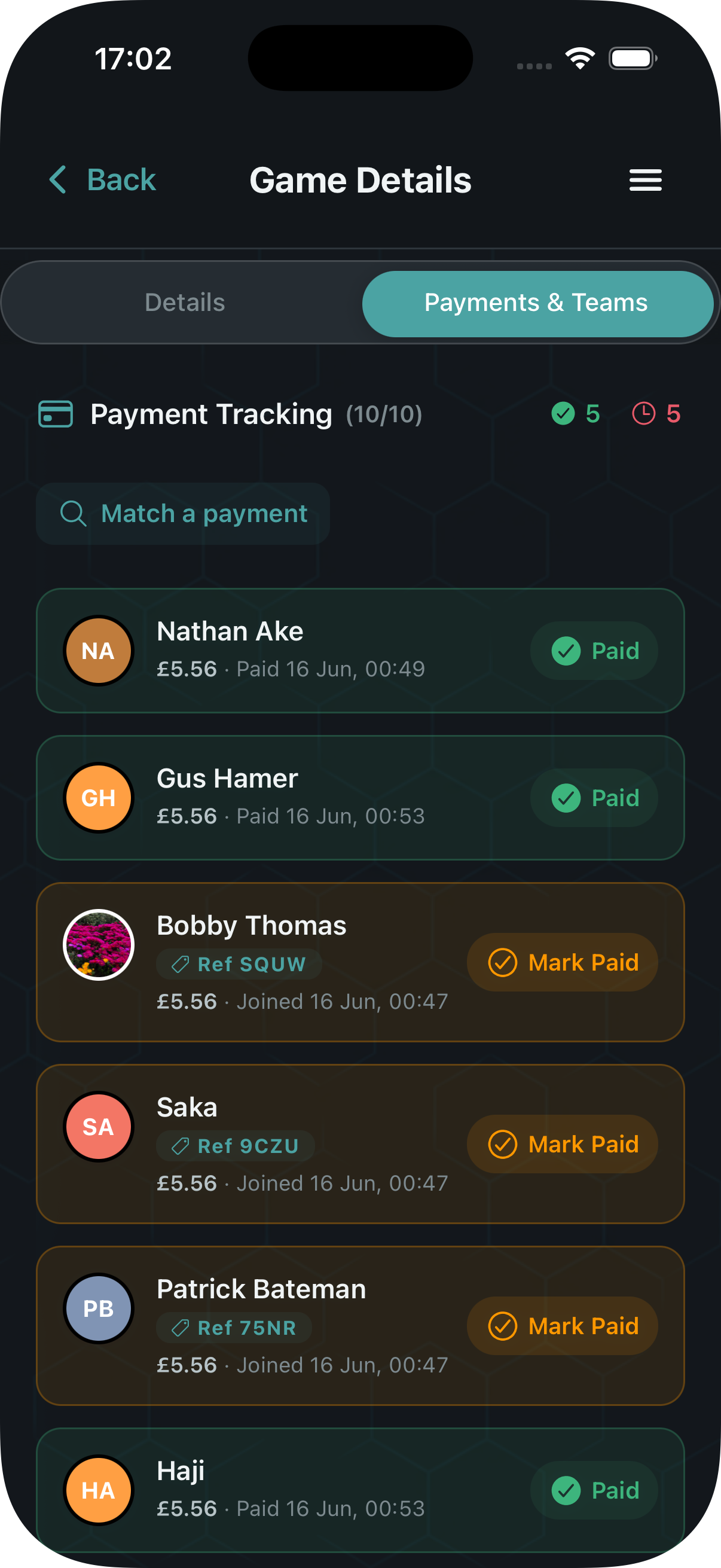 Payment tracking screen showing who has paid before kick-off