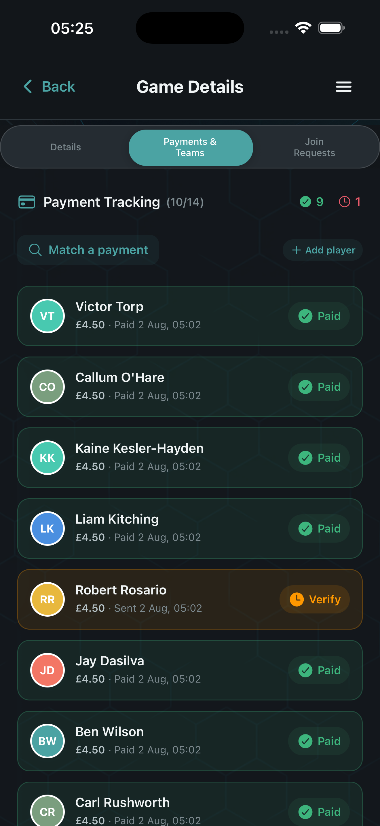 Payments and teams screen showing who has paid before kick-off
