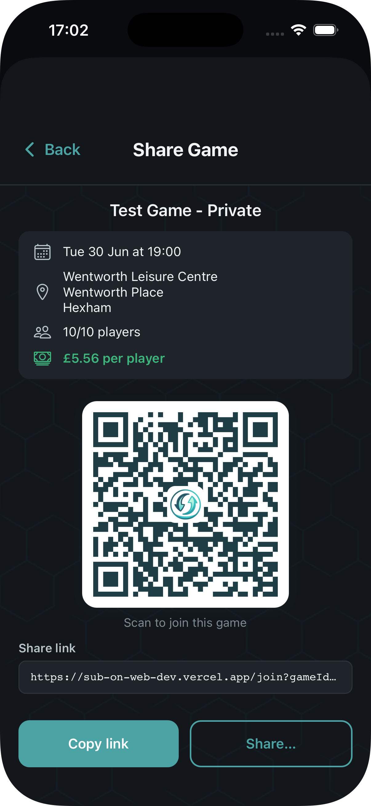 Share game screen with QR code and invite link
